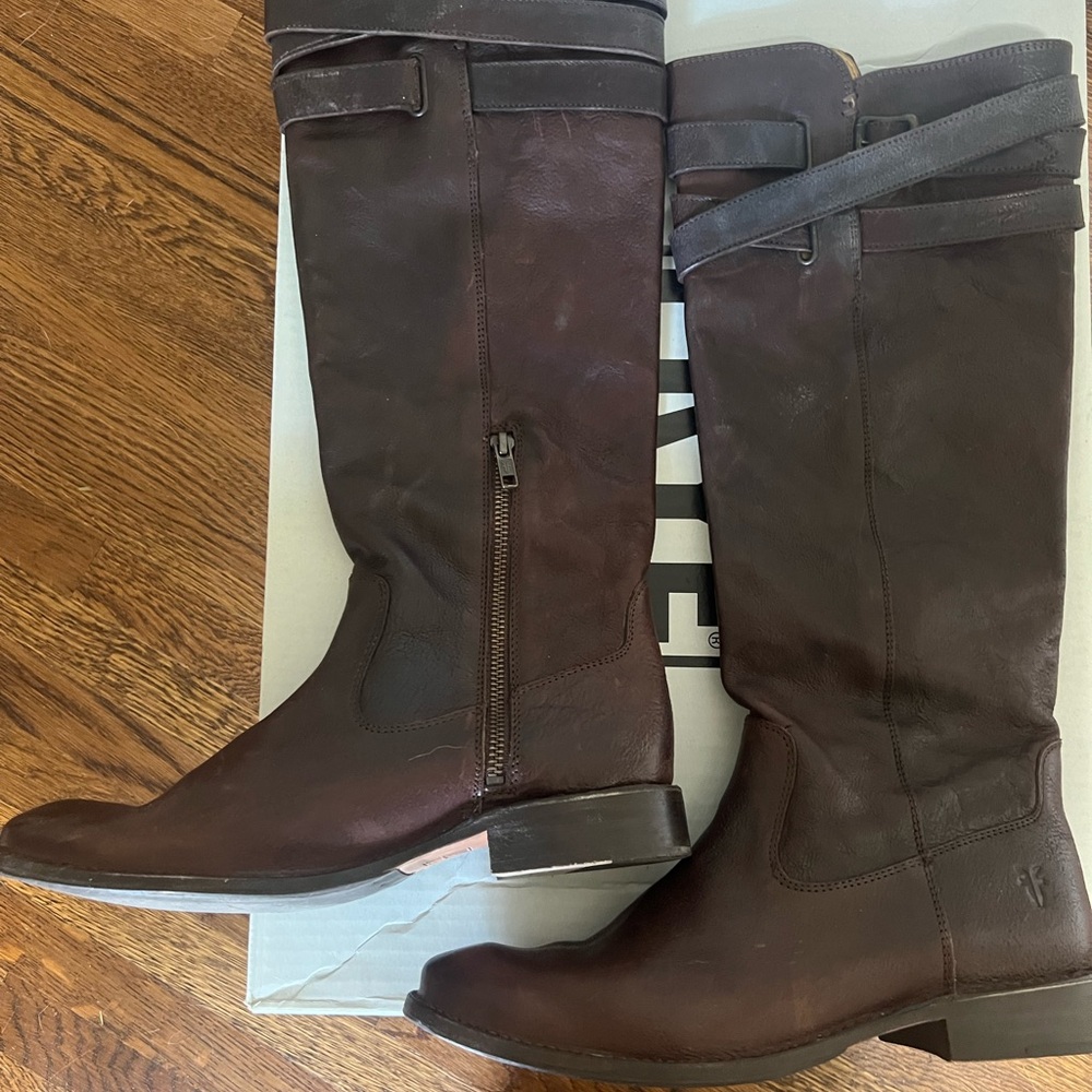 FRYE Dark Brown “Shirley Strappy” Leather Boots